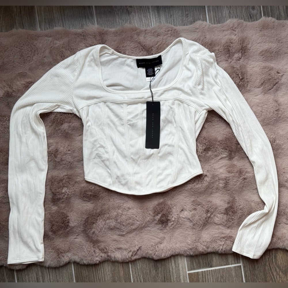 White long sleeve corseted top, Know One Cares, size large, brand new with tags